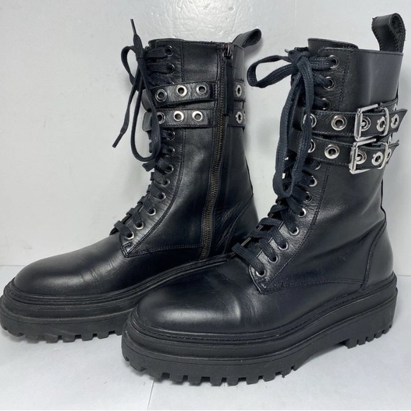 Zara Shoes - ZARA Black Leather Combat Boots Double Buckle Grommet Lace Up Lug Sole Size 7.5